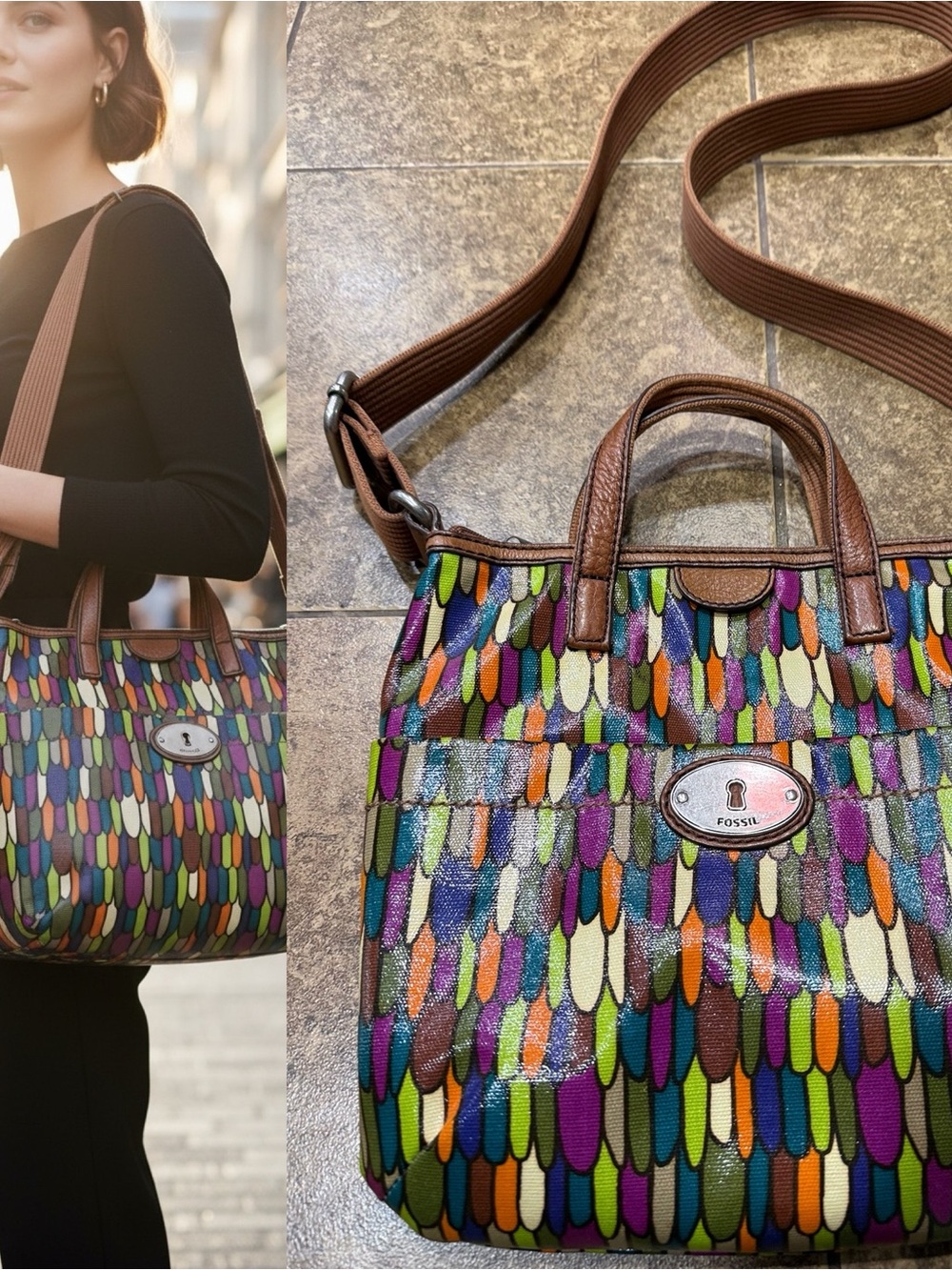 Fossil Key-Per Multicolor Feather Print Crossbody Tote Bag